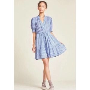 TROVATA Birds of Paradis Sz M Medium Blue Gingham Phoebe Shirt Dress
